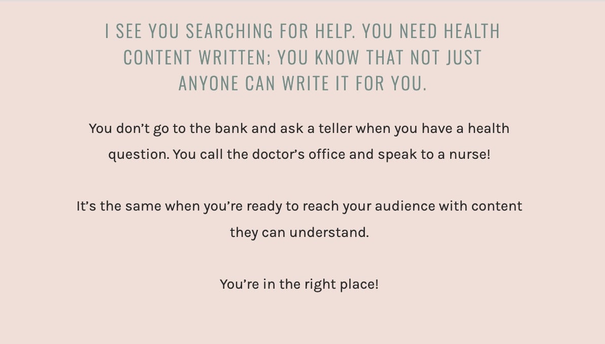 Steadfast Writing About page example showing how to align their expertise with what the client needs. 